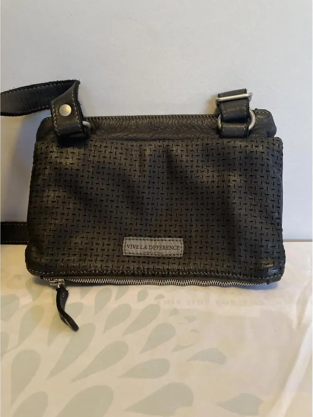 Vive La Difference Italy Black Leather Perforated Crossbody Bag Quiet Luxury